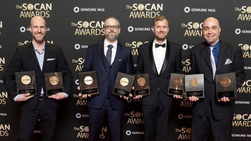 Graeme Cornies with his writing partners Brian Pickett, David Brian Kelly and James Chapple after receiving two 2019 SOC