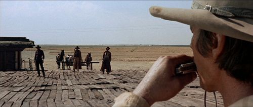 Charles Bronson, Jack Elam, Al Mulock, and Woody Strode in Once Upon a Time in the West (1968)