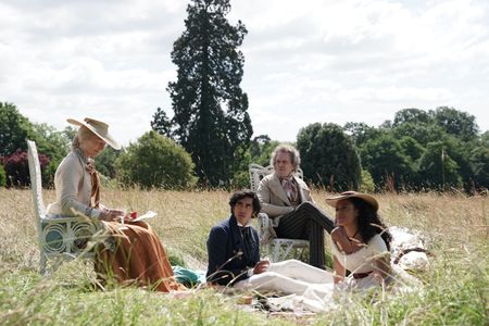 Hugh Laurie, Tilda Swinton, Dev Patel, and Rosalind Eleazar in The Personal History of David Copperfield (2019)