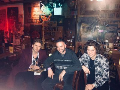 Conor Timmis with guitarist Harrison Marcello and singer Zach Allen of the band TEMPT at The Bitter End NYC.