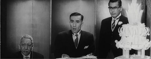 Toshirô Mifune, Ken Mitsuda, and Kô Nishimura in The Bad Sleep Well (1960)