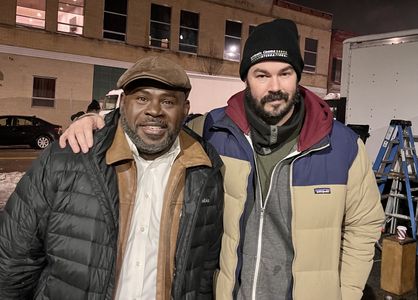 Producer Andrew Gernhard with actor David Mann on the set of “Soul Santa” (BET).