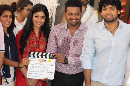 Rakshit Shetty, Samyuktha Hegde, and Rashmika Mandanna at an event for Kirik Party (2016)