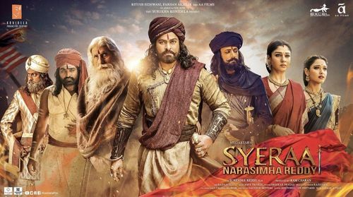 Amitabh Bachchan, Jagapathi Babu, Chiranjeevi, Nayanthara, Sudeep, Tamannaah Bhatia, and Vijay Sethupathi in Sye Raa Nar