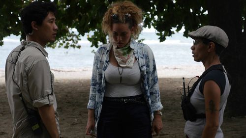 Xing Mai Deng (DP),Kelley Kali (Director),and Star Victoria (AD) discussing the next shot on Lalo's House in Jacmel, H