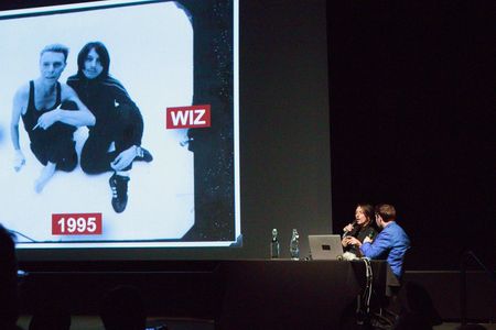 Andrew Whiston (WIZ) with Adam Buxton . At BUG music film career talk. British Film Institute, screen NFT1, South Bank L