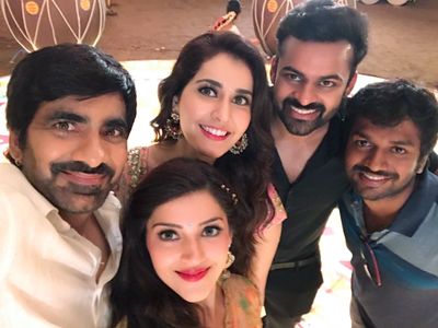 Ravi Teja, Anil Ravipudi, Sai Dharam Tej, Raashi Khanna, and Mehreen Pirzada in Raja the Great (2017)