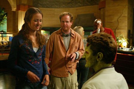 (L-R): Behind the scenes with Winifred (Amy Acker),Joss Whedon, and Lorne (Andy Hallett) in 