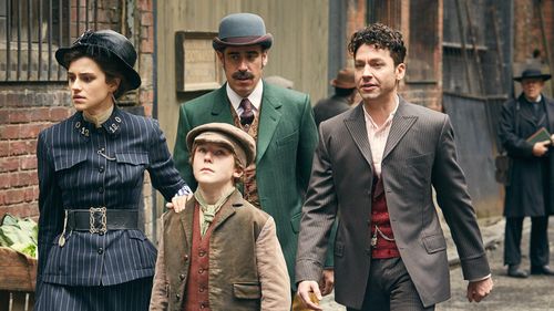 Stephen Mangan, Michael Weston, Rebecca Liddiard, and Samuel Joslin in Houdini and Doyle (2016)