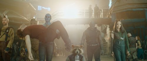 Vin Diesel, Bradley Cooper, Sean Gunn, Chris Pratt, Dave Bautista, Karen Gillan, and Pom Klementieff in Guardians of the