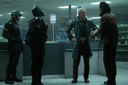 (L-R): Hunter D-90 (Neil Ellice),Hunter B-15 (Wunmi Mosaku),Mobius (Owen Wilson) and Loki (Tom Hiddleston) in Marvel S