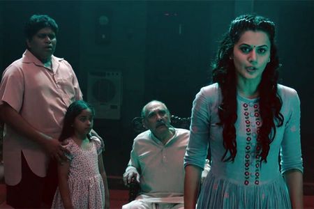 Vijayachander, Taapsee Pannu, and Raghu Kumar Karumanchi in Anando Brahma (2017)