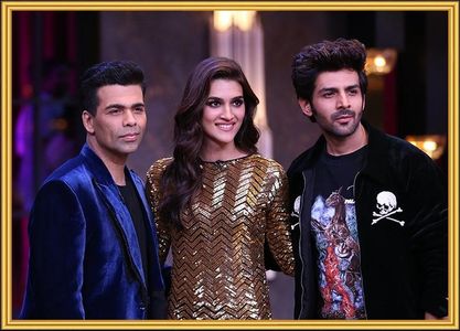 Karan Johar, Kartik Aaryan, and Kriti Sanon in Koffee with Karan (2004)