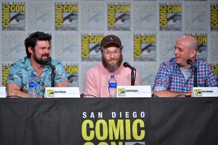 Eric Kripke, Seth Rogen, and Karl Urban at an event for The Boys (2019)