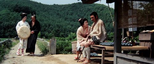 Shintarô Katsu, Reiko Ôhara, Utae Shôji, and Reiji Shoji in Zatoichi Goes to the Fire Festival (1970)