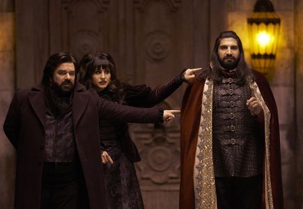 Kayvan Novak, Matt Berry, and Natasia Demetriou in What We Do in the Shadows (2019)