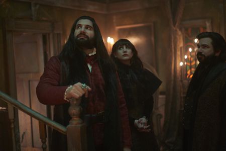 Kayvan Novak, Matt Berry, and Natasia Demetriou in What We Do in the Shadows (2019)