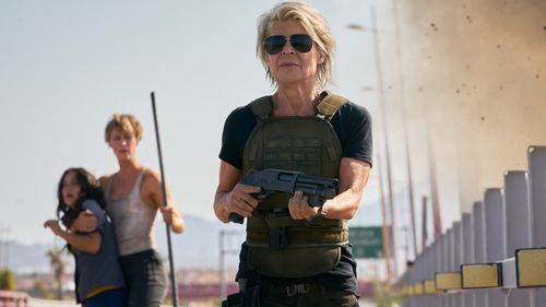 Linda Hamilton, Natalia Reyes, and Mackenzie Davis in Terminator: Dark Fate (2019)