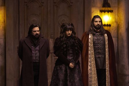 Kayvan Novak, Matt Berry, and Natasia Demetriou in What We Do in the Shadows (2019)