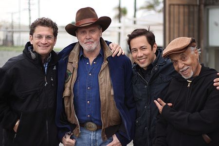 Rory Rosegarten, Lee Majors, Lance Krall, Gerry Bednob on set of Crash & Burn