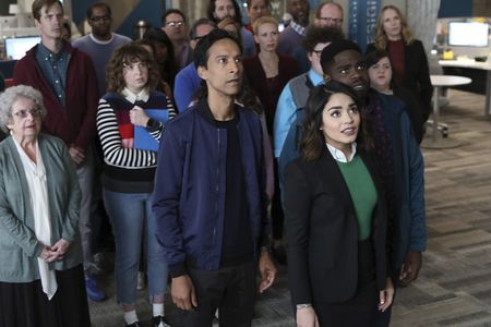 Christina Kirk, Jesse Heiman, Vanessa Hudgens, Josh Breeding, Danny Pudi, Ron Funches, and Jennie Pierson in Powerless (