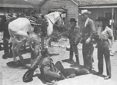 Jim Bannon, John Hart, Emmett Lynn, Don Reynolds, and Peggy Stewart in The Fighting Redhead (1949)