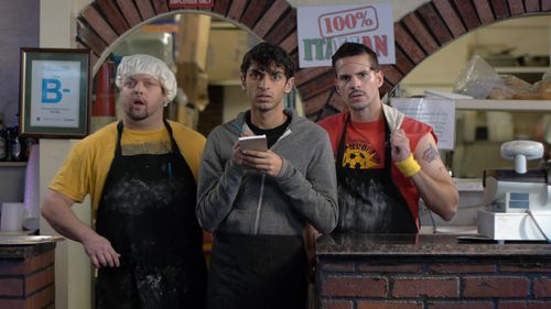 Jason Hice, Geo Santini, and Karan Soni in Geo's Pizza (2012)