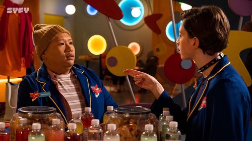 Marguerite Hanna and Jacob Batalon in Reginald the Vampire (2022)