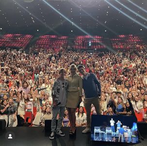 Millie Bobbie Brown, Noah Schnapp and Raphael Luce at the Stranger Fan Meet July 2022 in Paris