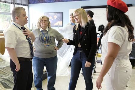 Katie Locke O'Brien, Patton Oswalt, Paula Pell, and Mary Sohn on set for A.P. Bio 