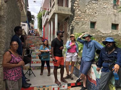 Director, Kelley Kali, with actor, Jimmy Jean-Louis and Crew during the first day of production on Lalo's House in Haiti