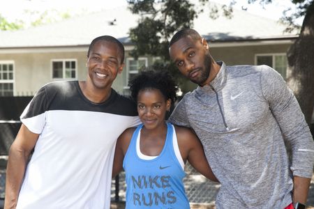 J. August Richards, Kelsey Scott, and James Bland on set of Giants.