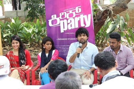 Rakshit Shetty, Samyuktha Hegde, and Rashmika Mandanna at an event for Kirik Party (2016)