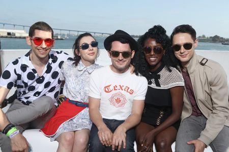 Elijah Wood, Max Landis, Samuel Barnett, Hannah Marks, and Jade Eshete at an event for Dirk Gently's Holistic Detective 