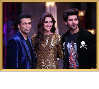 Karan Johar, Kartik Aaryan, and Kriti Sanon in Koffee with Karan (2004)