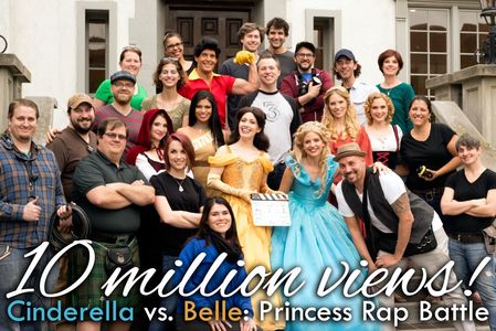 Whitney Avalon (as Belle) and Sarah Michelle Gellar (as Cinderella) with the cast and crew of the fourth Princess Rap Ba