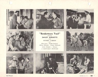 Smiley Burnette, Sunset Carson, Earl Dobbins, Weldon Heyburn, Jack Kirk, Ellen Lowe, Jack Luden, and Addison Richards in