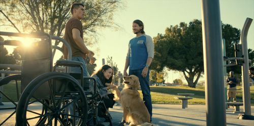 Still of Nicholas Galitzine, Sofia Carson, Peaches and Scott Deckert in 'Purple Hearts'