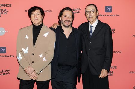 Ron Mael, Russell Mael, Edgar Wright, and Sparks at an event for The Sparks Brothers (2021)