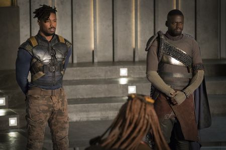 Connie Chiume, Michael B. Jordan, and Daniel Kaluuya in Black Panther (2018)